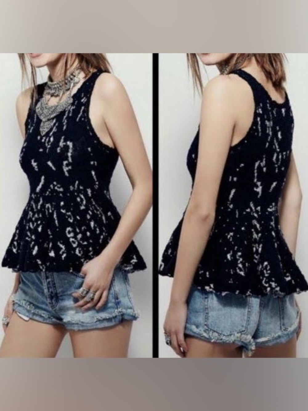 Free People Womens “Side By Side” Knit Peplum Scoop Neck Tank Top Small 4-6